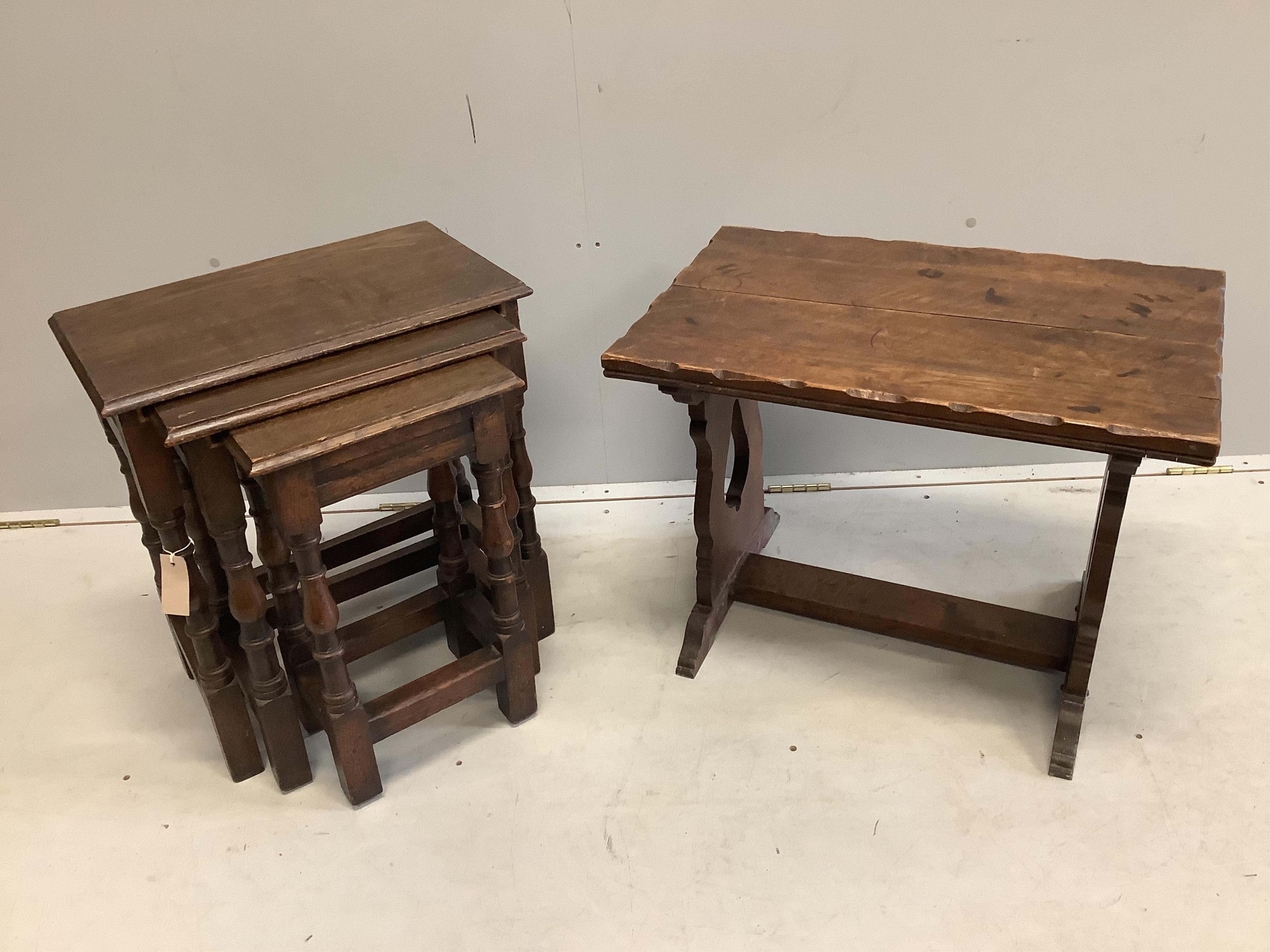 A nest of three 18th century style rectangular oak tea tables, width 51cm, depth 30cm, height 57cm and an oak low occasional table. Condition - poor to fair